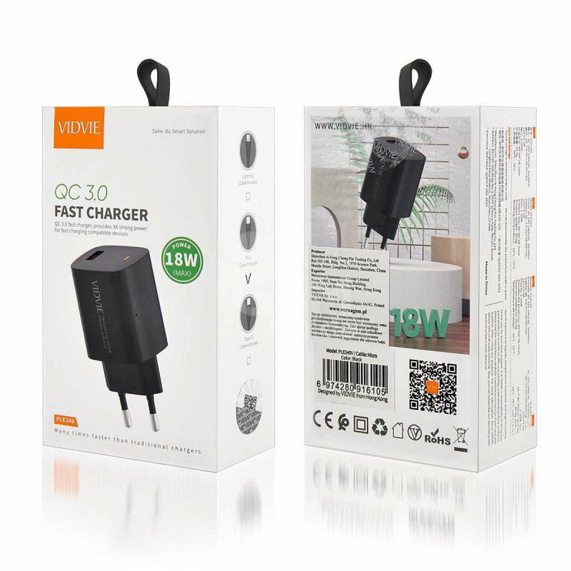 3772-produits-travel-charger-vidvie-ple249-3a-qc-3-0-18w-usb-black-(3) Chargeur VIDVIE Avec Cable Type-C 18W Fast Charging – Image 1