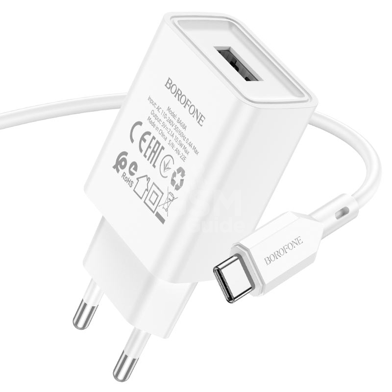 borofone-ba68a-glacier-single-port-wall-charger-us-set-usba-usbc CHARGEUR TYPE-C BOROFONE 2.1A BA68A – Image 1