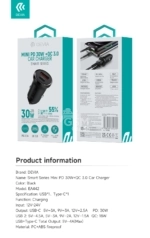 Chargeur de voiture Smart Series Mini PD 30W + QC 3.0